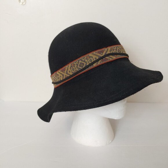 Wool Felt Wide Brim Floppy Hat Kilim Style Pattern Band Adjustable Boho Black - Picture 7 of 9